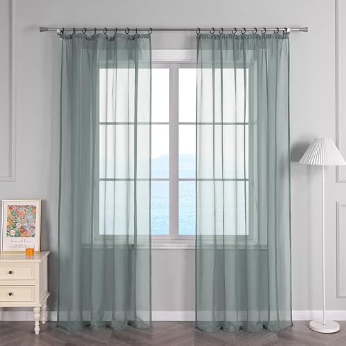 ESLIR Gardinen mit Kräuselband Vorhänge Fensterschal Transparent Schlaufenschal Voile Schal Uni Grau BxH 145x175cm 1 Stück