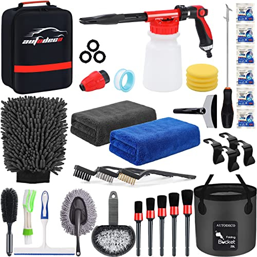 AUTODECO Kit de Limpieza de 35 Piezas para Lavado de Coche, con Pistola de Espuma, pulverizador Plegable, Cepillo de Cubo Grande, Manoplas de Lavado para Interiores y Exteriores, Juego Completo de