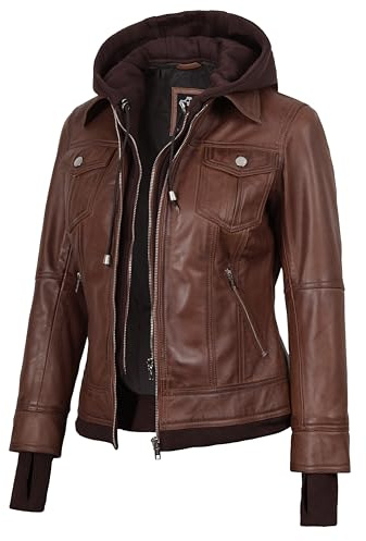 fjackets Giacche in pelle da donna - Cappuccio rimovibile e bomber giacca in vera pelle di agnello da donna, L