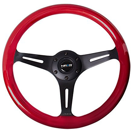 NRG Innovations NRG-ST-015BK-RD Lenkrad – 350 mm 25 mm tiefe Konfiguration, klassische Holzmaserung, 3 schwarze Speichen, rote Perle/Flockenfarbe, schwarze Mitte