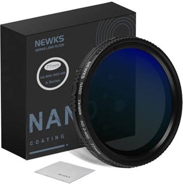 NEWKS Filtre ND réglable de 77 mm à densité neutre variable ND2-ND400 (1 à 9 arrêts) pour objectif d'appareil photo, filtre ultra fin hydrofuge et résistant aux rayures, chiffon de nettoyage inclus