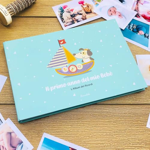 Omnisbebo Libro/Diario Nascita per Neonati e Bambini, Album dei Ricordi per Custodire le Fotografie e Annotare i Ricordi Più Preziosi del Primo Anno del Bebè, con 6 Fogli di Adesivi Carini, Italiano