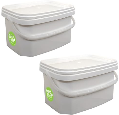 plasteo® 2X 5-Liter Rechteckiger Eimer mit Deckel Weiß, BPA-frei Stapelbar Vielseitige Anwendungen Organisation Aufbewahrung von Lebensmitteln und Flüssigkeiten mit Henkel Luftdicht und Auslaufsicher