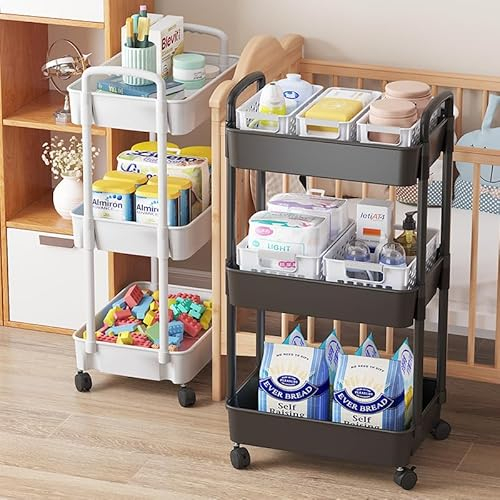 Multibao 3 Tier Storage Trolley Cart on Wheels Plastic Mobile Rolling Trolley For Kitchen Bathroom Laundry Rolling Rack L39 cm x W27 cm x H73 cm Black