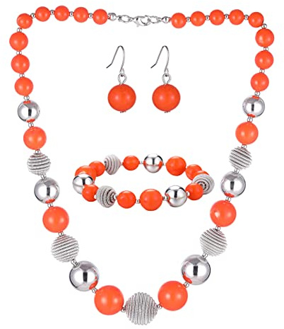 FULU AUTUMN 3 Pcs Parure de Bijoux Collier de Perles Grosses Bracelet et Boucles d'Oreilles Cadeau d'Anniversaire pour Femme(Orange)