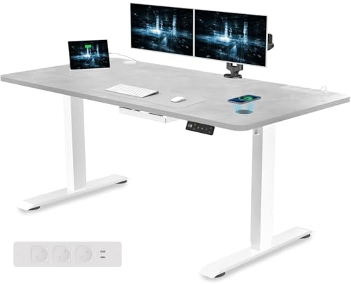 Devoko Höhenverstellbarer Schreibtisch 160x80 cm mit Steckdose & USB, Grau | Elektrisch Verstellbarer Computertisch mit Kabelloser Ladung & Memory-Funktion & Kabellmanagement – Ideal für Gaming & Büro