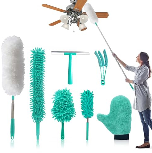 HW CASA Spolverino per Polvere,140CM Bastone Telescopico per Pulizia,Flessione a 360° Togli Ragnatele Allungabile,7 Pezzi Pulizia Casa,Piumino Polvere Con Pulisci Persiane e Tergivetro per Doccia