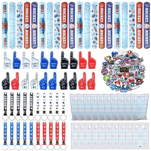 PTECDROTS 130PCS Hockey Party Favors - Incliding Hockey Keychains, Ice Hockey Gift Bags, Slap Bracelets, Hockey Stickers, Sports Mini Foam Fingers for Boys Fans Sports Hockey Birthday Party Supplies