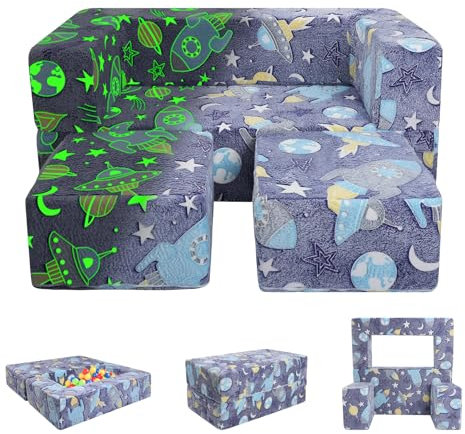 Canapé Enfant Convertible 2 Places, Canapé Lit Fauteuil Enfant 3 en 1 avec Poche pour Garçon, Canapé Modulaire Phosphorescent pour Chambre Jardin, Fusées Lumineux