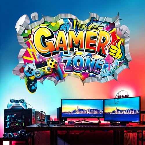 decalmile Stickers Muraux 3D Gamer XXL Autocollant Mural Graffiti Gamer Gaming Contrôleur Décoration Murale Chambre Adolescents Salle de Jeux Dortoir