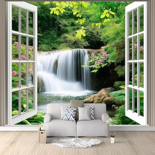 Papel de Pared no Tejido Papel Pintado Cascada Vegetación Ventana Papel Pintado Pared 250 x 175 cm Fotomurales Verde aptos para habitaciones y dormitorios infantiles