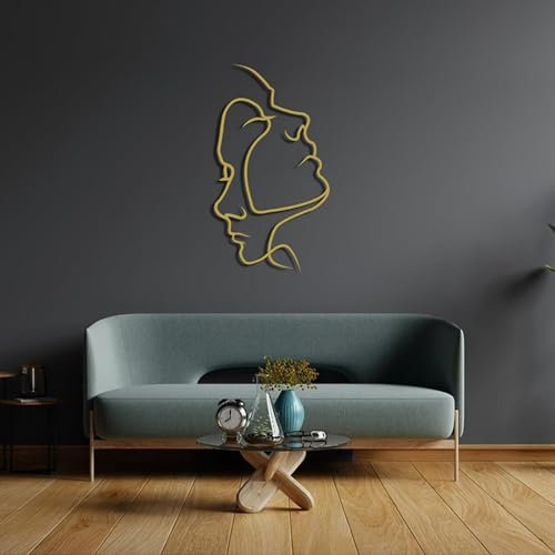 Generisch Metallpaar-Gesichtslinien-Wandkunst, minimalistische Frauen-Männer-Gesichts-Wanddekoration, abstrakte Wandskulpturen for Aufhängen for Schlafzimmer, Wohnzimmer, Flur, Büro(Gold,60 * 33cm)