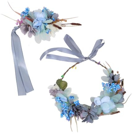BELLIFFY 2pièces Fleurs Artificielles Deco Mariage Bandeau et Bracelet avec Fleurs Bleu