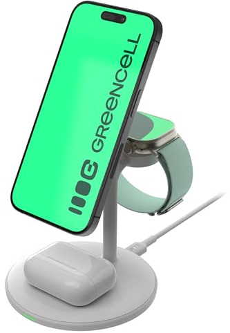 Greencell MagScape Support de Charge inductif 3 en 1 MagSafe pour iPhone, Apple Watch, AirPods et Autres écouteurs sans Fil (Blanc)