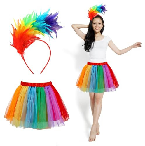 Topzora Regenbogen Kostüm Damen, Tüllrock Regenbogen Damen, Regenbogen Rock Damen Tüll mit Bunt Feder Stirnband für Karneval, Halloween, Kostümparty, Mottoparty