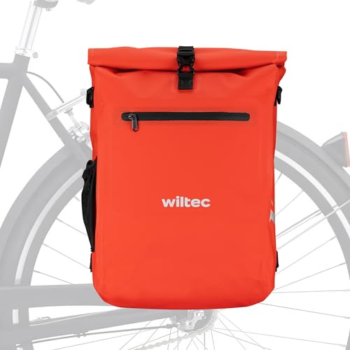 WilTec Bolsa para Bicicleta 3 en 1 de 25 L roja Resistente al Agua con Compartimento para portátil Multifuncional de fácil instalación en portabultos Trasero de Bicicletas Tradicionales o eléctricas