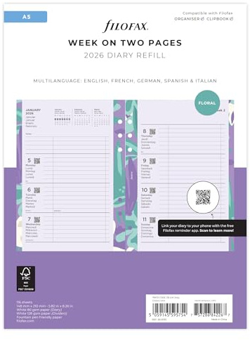 Filofax Kalender A5 Illustrated Diary Floral 1 Woche auf 2 Seiten (mehrsprachig) 2026