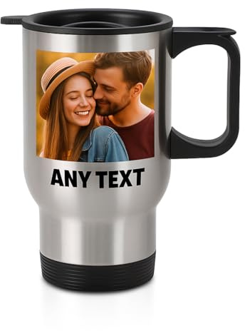 Personalised Travel Mug Silver 14oz with Handle & Lid – Custom Stainless Steel Coffee Mug with Photo, Text or Logo, Reusable Insulated Mug for Hot Drinks – Gift for Mum, Dad, Friend & Colleague