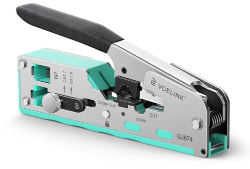 VCELINK Stainless Pass-Thru RJ45 Crimp Tool for CAT7/6/5 End & RJ11/12 Plug | All-in-One Network Crimper, Strip & Cut | with A manually Adjustable knob