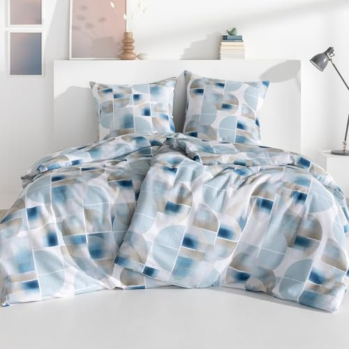 ESTELLA Seersucker Bettwäsche Set - Bettgarnitur 100% Baumwolle - absolut bügelfrei - 155x220 cm + 80x80 cm - Design 07