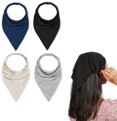 Kabwea 4 Paar Boho Damen Haarbänder, Dreieck Kopftücher, Chiffon Bandanas, Turban Haarbänder, Elastisches Haartuch (Schwarz, Grau, Beige, Blau)