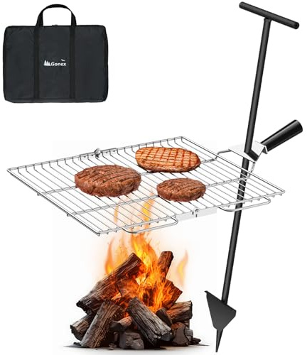 Gonex Portable Campfire Grill Grate for Fire Pit Foldable Stainless Steel Grill Height Adjustable Camping Cooking Equipment for RV Outdoor Backyard BBQ Courtyard 15.35x18.3
