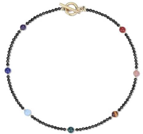 COAI Svart Turmalin Chakra Stenar Fasetterade Pärlhalsband Kvinnor Natursten Halsband Minimalistisk Rund Hals Med Matchande Armband, 40 cm, Sten, Turmalin