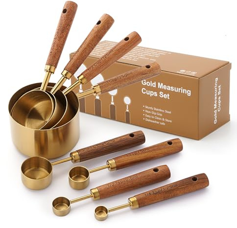 Measuring Cups and Spoons Set with Wood Handles, Premium Stainless Steel Measuring Spoons and Measuring Cups Set (Gold-4 Cups & Spoons)