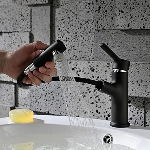 Rubinetto per Lavabo con Doccetta Estraibile, Miscelatore Monocomando per Lavabo per Acqua Calda E Fredda, Doccetta A Doppia Funzione, Rubinetto Estraibile con Beccuccio -Black