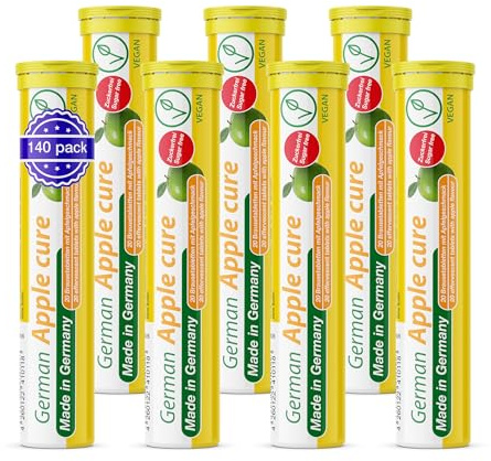 T&D German Apple Cure - 140 Vegan Drink Effervescent Tablets - Apple Flavor - Made in Germany - Sugar Free