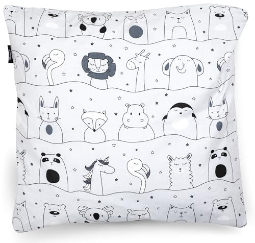 PinkZebra Kopfkissenbezug Kinder, Kissenbezug 40 x 40 cm aus 100% Baumwolle, Kissenhülle Jungen & Mädchen, Öko-tex Standard 100, Kinderbezüge mit Reißverschluss, Schläfrige Tiere