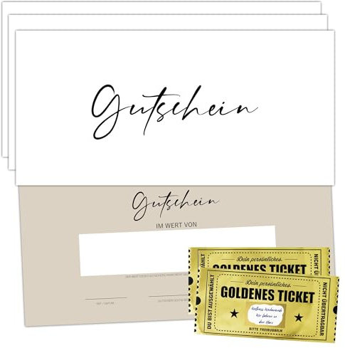 Eummel Gutscheinkarten zum Selbstausfüllen (50er DIN Lang) - Blanko Gutschein zum Ausfüllen als Vorlage inkl. 2 Goldene Tickets | Gutscheinvorlagen auf 300g Cremepapier