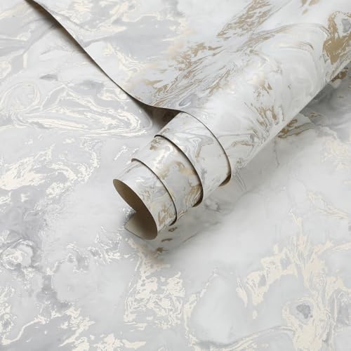 Tarwanear Marble Effect Wallpaper Silver Metallic,Modern Luxury Textured Gold Marble Wallpaper for Living Room,Bedroom,Fireplace,Hallway Feature Wall