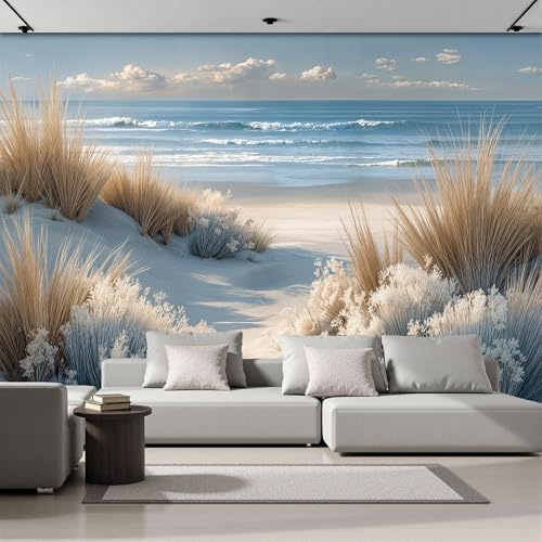 MIATCENRT Papier Peint Panoramique Plage Paysage de Dunes Algues, 350x256cm (L×H) Papier Peint Murale Intissé 3D, Azuré Poster Decoration Murale pour Chambre Salon Bureau