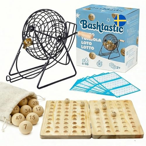 Bashtastic Bingo Spel – Bingo Set med 102 Stansade Bingobrickor för Hela Familjen | 90 Träkulor, Träbräda med Lasergraverade Siffror och Metallbur