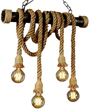Hanfseil Pendelleuchte Retro Vintage Seilleuchte Seil Lichter Kronleuchter Runde Hängend Hängelampe, Höhenverstellbar E27 Industrial Hängelampe, Handgewebt Deckenlampe (4-Flammig) [Energieklasse A++]
