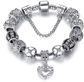 Savlano Silver Tone Heart Charm Bracelet with Crystal and Murano Glass Beads Snake Chain for Women Comes in a Gift Box