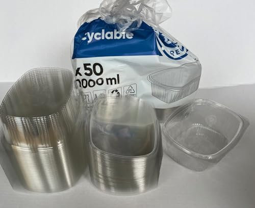 Nicoletti 50 VASCHETTE PER ALIMENTI CONTENITORI CON COPERCHIO ERMETICO IN PET IDEALI PER CIBO FRESCO, RISTORAZIONE, PAUSA PRANZO, CONSERVAZIONE FREEZER CONGELAMENTO (1000 cc (18x14x6))