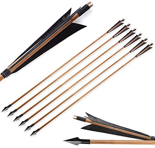 SHARROW 6/12 Stück Bogenschießen Bambuspfeile Traditionelle Jagdpfeile Bambus Pfeilschaft mit 5 Naturfedern Metall Pfeilspitzen Pfeile aus Bambus für Langbogen Recurvebogen (Typ 2:Schwarz, 6 Stück)