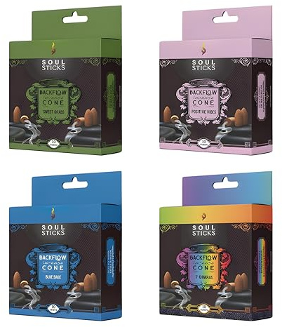 SOUL STICKS Assorted Backflow Incense Cones for Meditation, Yoga and Aromatherapy | 40 Premium Backflow Cones | Fits All Backflow Incense Burners (Cleansing)