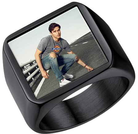 U7 Ringe für Herren Damen Personalisierter Ring mit Foto/Geburtsstein Edelstahl Siegelring mit Farbbild/Schwarzes Bild Fingerring mit Gravur Bandringe Memorial Souvenir Modeschmuck für Geburtstag