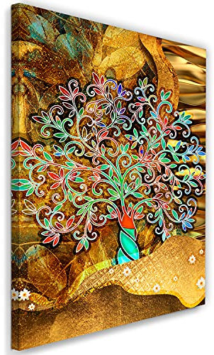 Feeby Vlies Leinwandbild XXL Gustav Klimt Gemälde Lebensbaum Moderner Stil 80x120 cm Wandbild Kunst Bilder Schlafzimmer Deko Wohnzimmer Gewirbelte Zweige Blumen Goldene Wellen Braun