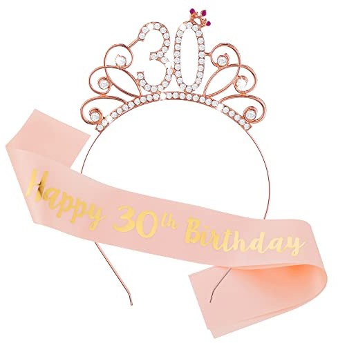 Abeillo Écharpe de 30e anniversaire et diadème en strass, couronne en satin pour 30e anniversaire, cadeau pour fille, femme, décorations de fête d'anniversaire (or rose)