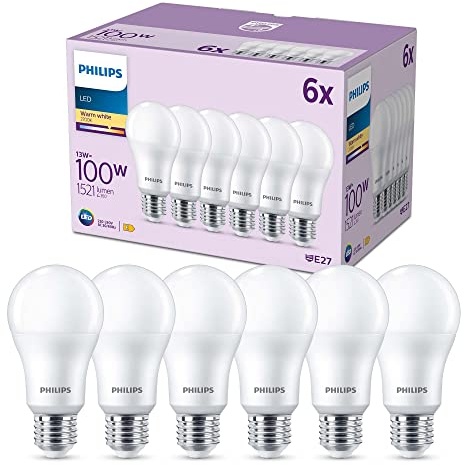 PHILIPS LED E27 Lampen 6-er Pack (100 W), matte LED Lampen mit warmweißem Licht, energiesparende LED Beleuchtung mit langer Nutzlebensdauer, Warmweiß