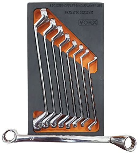 VORX Lot de 8 clés polygonales double face en acier CRV - Forgé à 6 x 7 à 20 x 22 mm - Livré dans un plateau en mousse EVA - 1 % de la valeur de vente sera reversé à l'hôpital