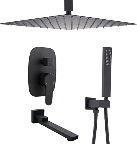 Delnet Concealed Shower Mixer Set Black 16 Inch Ceiling Mounted Rain Shower System Bathroom Rainfall Shower Faucet Set