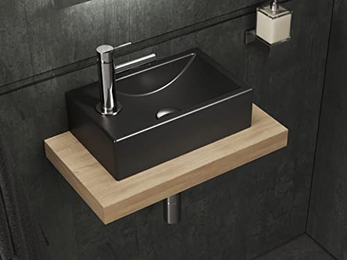 Aqua Bagno | Eckiges Waschbecken schwarz matt, Loft Air Handwaschbecken Keramik, Hanhnloch links | 37 cm breit