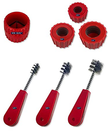 Copper Pipe Cleaner Set [7PC_3-Size] 3 Pipe Cleaning Brushes 3 Fitting Cleaners and 1 Reamer, Clean 1/2, 3/4, 1.0-Inch Pipes & Fittings for Soldering