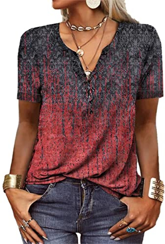 GRMLRPT Tops für Damen Kurzarm Rundhal T-Shirts Tunika Oberteile Bedruckte Blusen für Mädchen Elegant Lässige Hemd Knopfleiste(Rot,L)