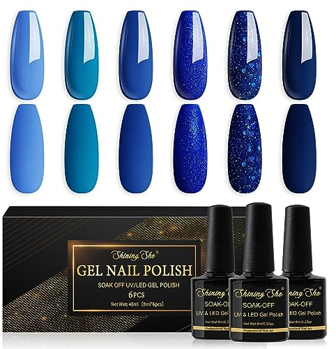 Shining She UV Nagellack Blau, 6 Farben Glitzer Blau Marineblau Gel Nagellack Set Soak-Off UV Blaue Serie Gel Nail Polish Maniküre Set für Anfänger Nail Art Salon DIY, 8ML